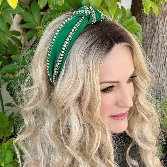 High Heels on the High Road Accessories - Green Top Knot Gold Crystal Rhinestone Christmas Minimalist 2" Cotton Headband